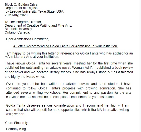 college recommendation letter sample