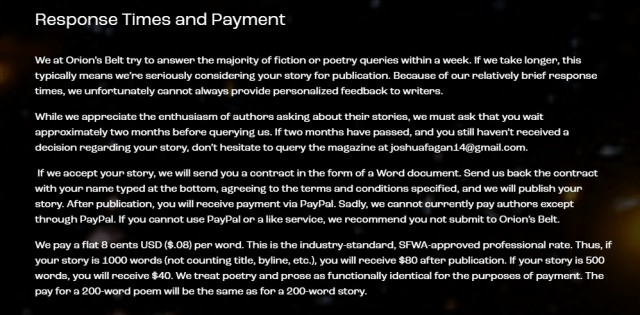 Orion's Belt Response Time and Payment